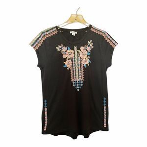 Sundance Navy Blue Embroidered Short Sleeve Tunic Top Sz L